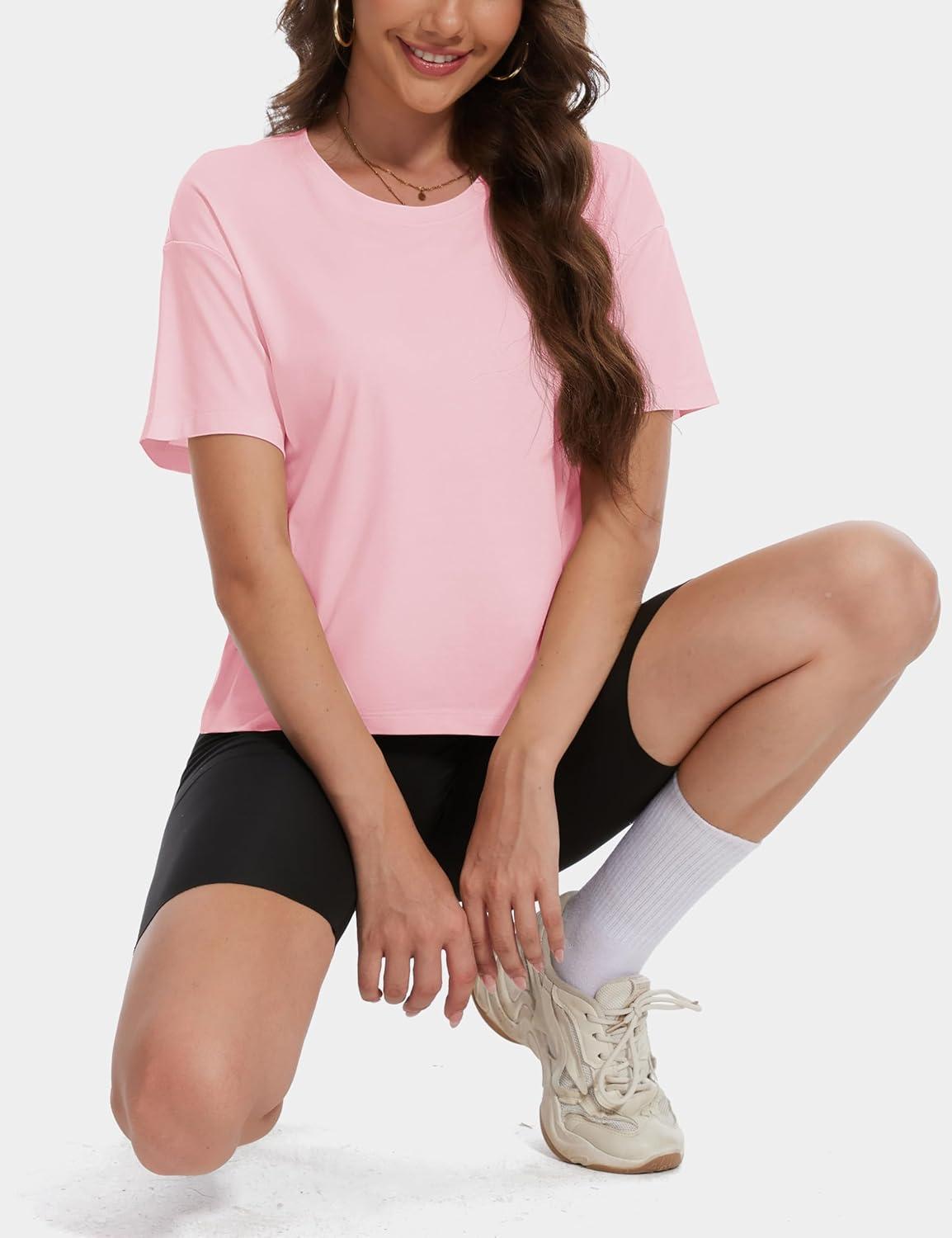 imageMAGCOMSEN Womens Crop Tops Basic Summer Cropped TShirts Loose Fit Cotton Short Sleeve UPF 50 Boxy Tee ShirtsLight Pink