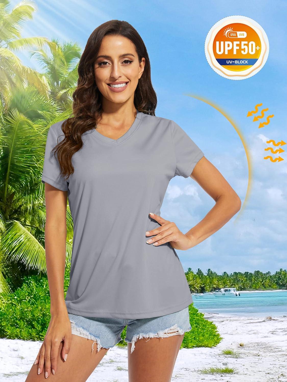 imageMAGCOMSEN Womens T Shirts Short Sleeve Workout Tops UPF 50 Sun Protection VNeck Moisture Wicking Quick Dry TeeLight Grey