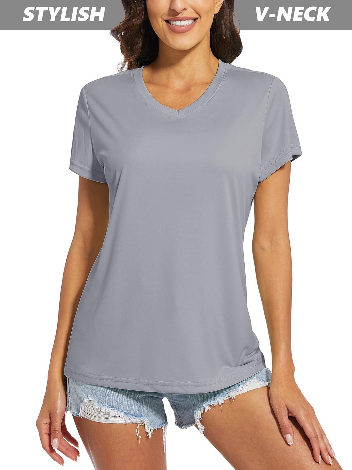 imageMAGCOMSEN Womens T Shirts Short Sleeve Workout Tops UPF 50 Sun Protection VNeck Moisture Wicking Quick Dry TeeLight Grey