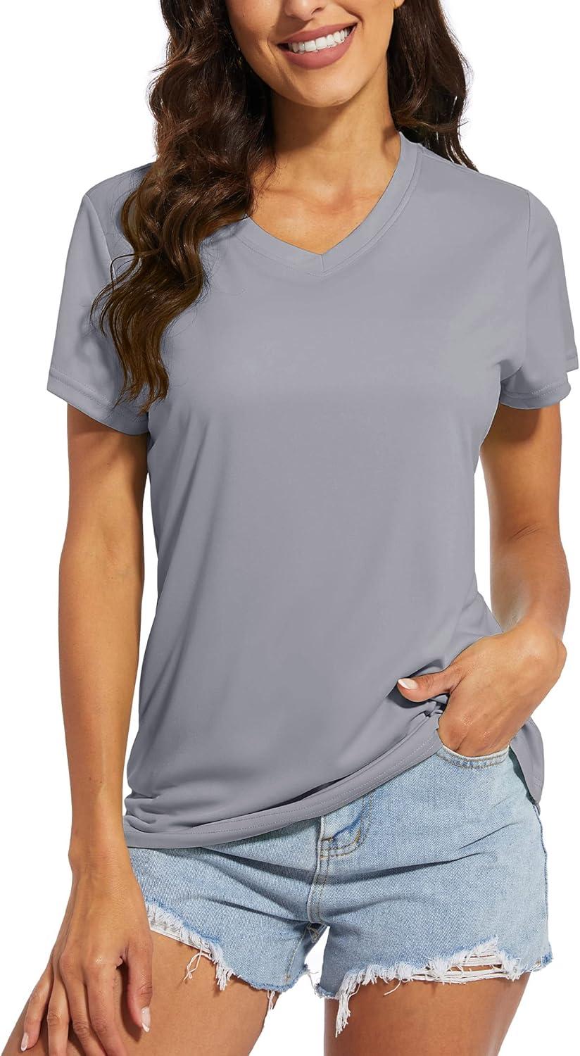 imageMAGCOMSEN Womens T Shirts Short Sleeve Workout Tops UPF 50 Sun Protection VNeck Moisture Wicking Quick Dry TeeLight Grey