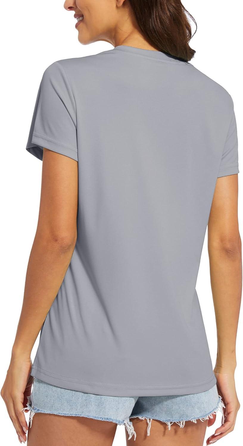 imageMAGCOMSEN Womens T Shirts Short Sleeve Workout Tops UPF 50 Sun Protection VNeck Moisture Wicking Quick Dry TeeLight Grey