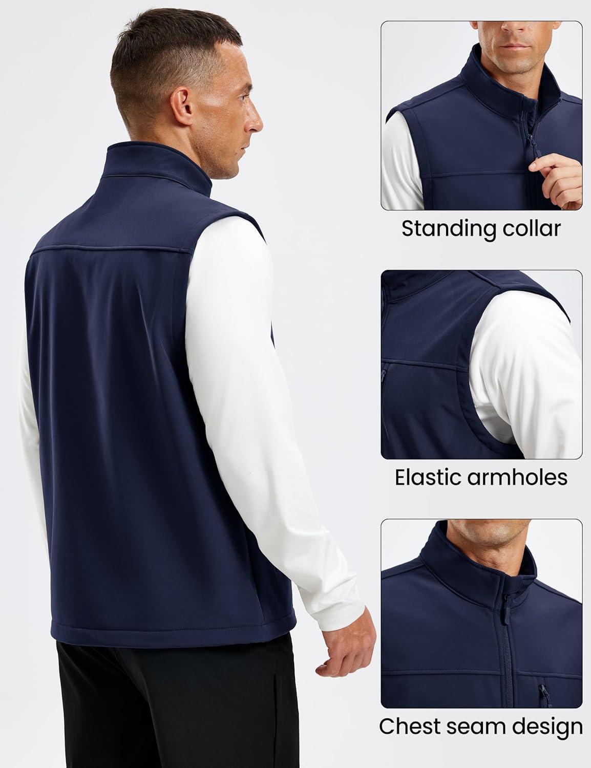 imageMAGCOMSEN Mens Lightweight Softshell Vest Outerwear Windproof Fleece Zip Sleeveless Jacket Golf Casual HikingNavy