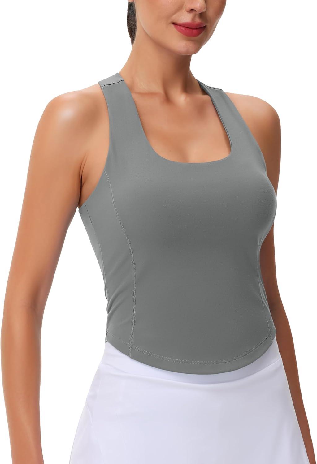 imageMAGCOMSEN Womens Crop Workout Tank Tops with Built in Bra Fitted Racerback Sleeveless Yoga Shirts CamisoleGrey