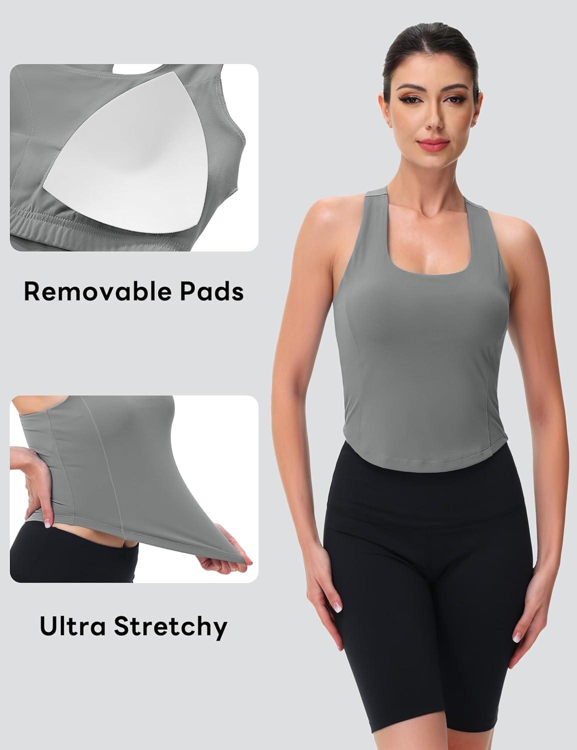 imageMAGCOMSEN Womens Crop Workout Tank Tops with Built in Bra Fitted Racerback Sleeveless Yoga Shirts CamisoleGrey