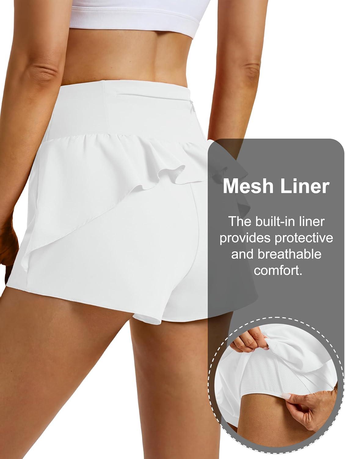 imageMAGCOMSEN Womens Running Shorts with Hip Ruffle High Waisted Quick Dry Athletic Shorts with Liner Zip Pocket Gym WorkoutWhite