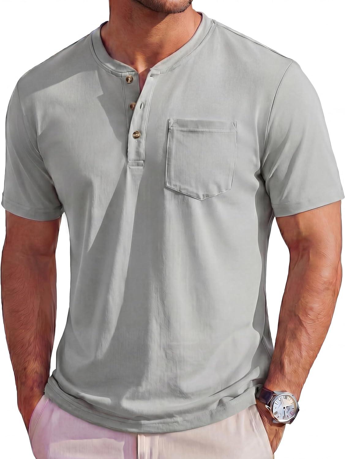 imageMAGCOMSEN Mens Henley Short Sleeve Shirt Cotton Lightweight Tee Shirts Casual Summer Basic Tees with Pocket12 Light Grey