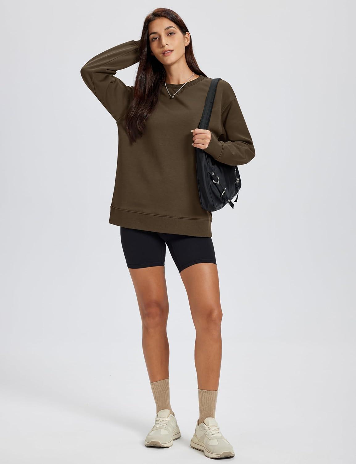 imageMAGCOMSEN Womens Fleece Lined Sweatshirts Pullover Crewneck Sweater Loose Fit Casual Winter Warm Tops with Thumb HolesDarkbrown