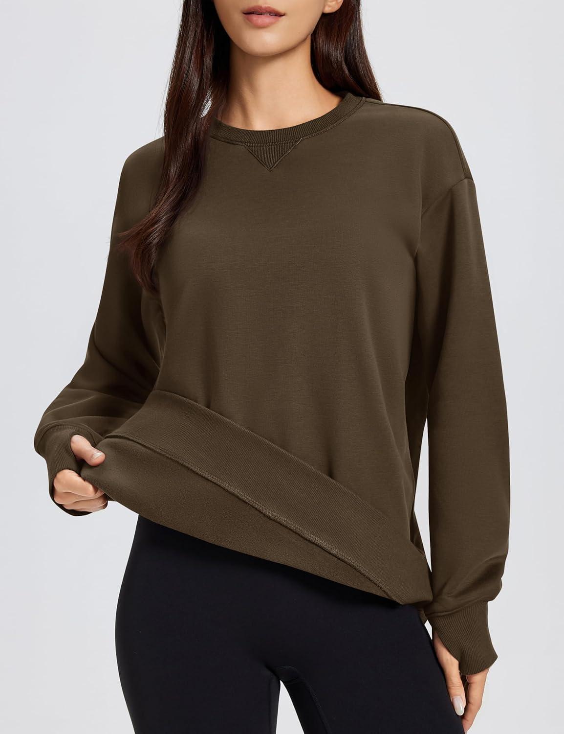 imageMAGCOMSEN Womens Fleece Lined Sweatshirts Pullover Crewneck Sweater Loose Fit Casual Winter Warm Tops with Thumb HolesDarkbrown