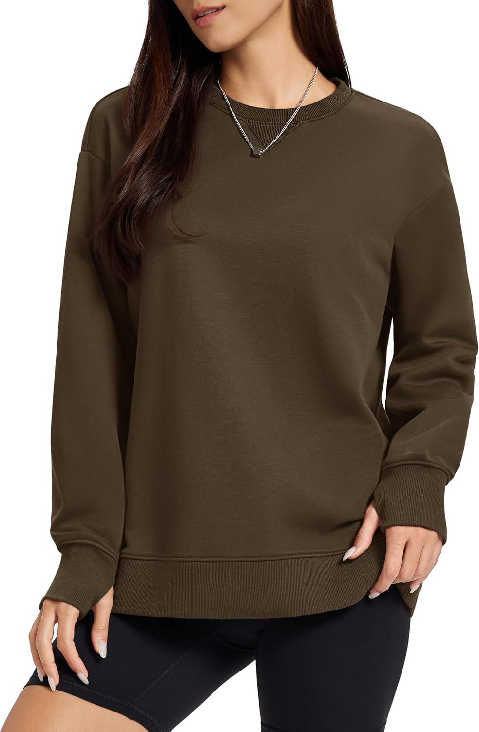 imageMAGCOMSEN Womens Fleece Lined Sweatshirts Pullover Crewneck Sweater Loose Fit Casual Winter Warm Tops with Thumb HolesDarkbrown