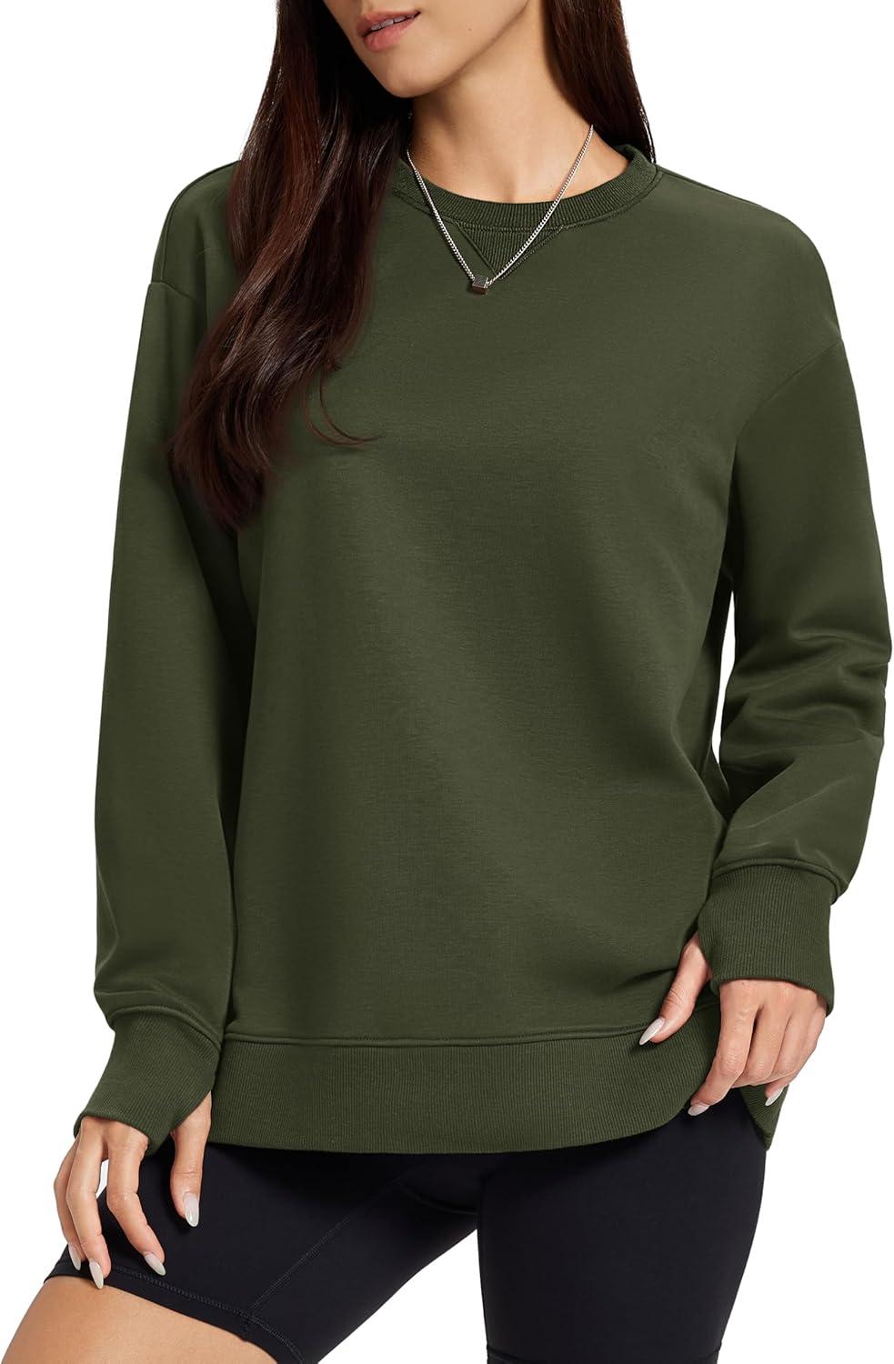 imageMAGCOMSEN Womens Fleece Lined Sweatshirts Pullover Crewneck Sweater Loose Fit Casual Winter Warm Tops with Thumb HolesGreen