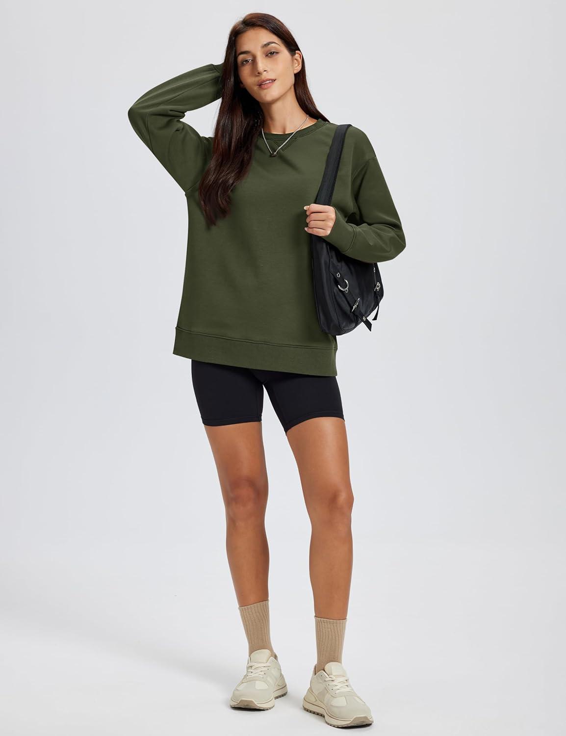 imageMAGCOMSEN Womens Fleece Lined Sweatshirts Pullover Crewneck Sweater Loose Fit Casual Winter Warm Tops with Thumb HolesGreen