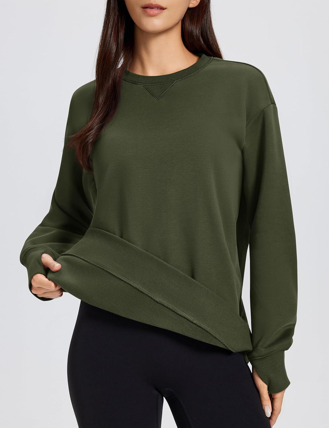 imageMAGCOMSEN Womens Fleece Lined Sweatshirts Pullover Crewneck Sweater Loose Fit Casual Winter Warm Tops with Thumb HolesGreen