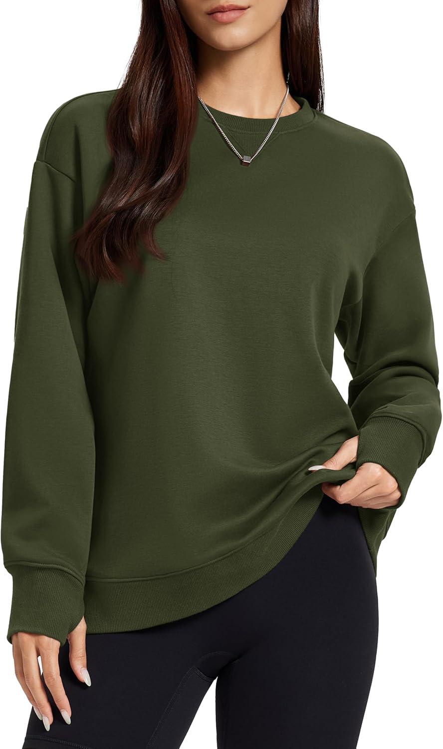 imageMAGCOMSEN Womens Fleece Lined Sweatshirts Pullover Crewneck Sweater Loose Fit Casual Winter Warm Tops with Thumb HolesGreen